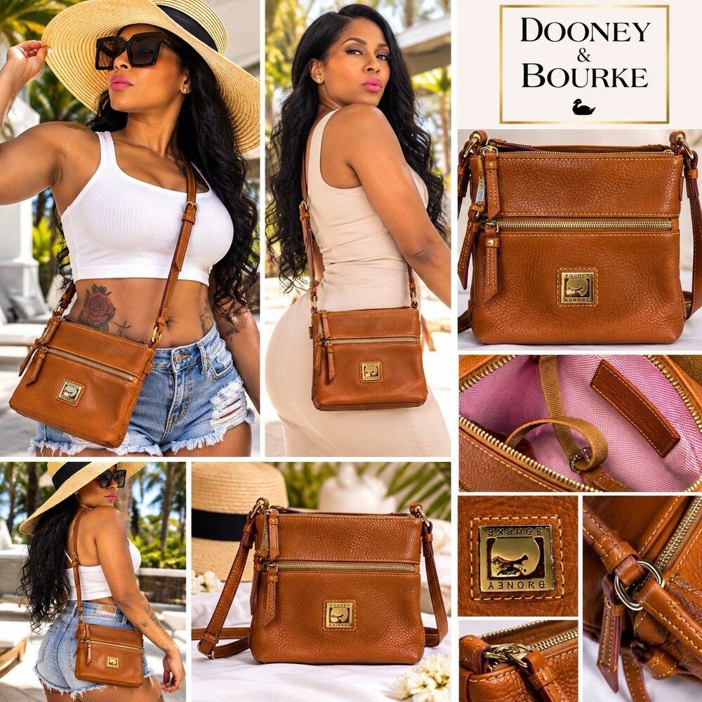 Dooney & Bourke Tan/Brown Pebbled Leather Shoulder Bag Zip Crossbody Y2K